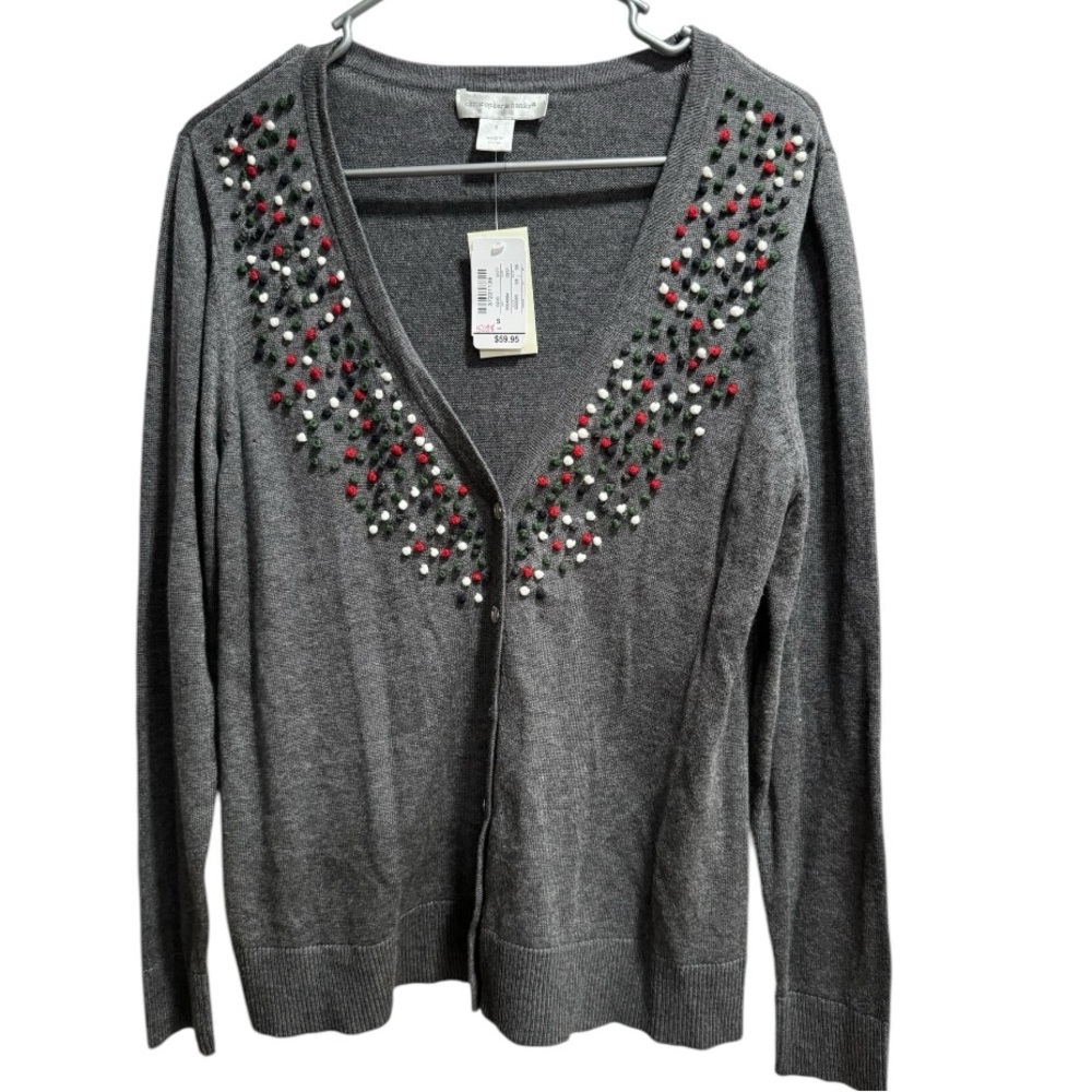 NWT Gray Holiday Cardigan, size Small, Red/Green/White/Black‎ Pom Poms